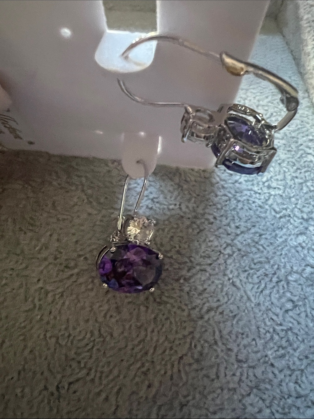 Silver Purple Cubic Zirconia Drop Earrings with Clear Accent